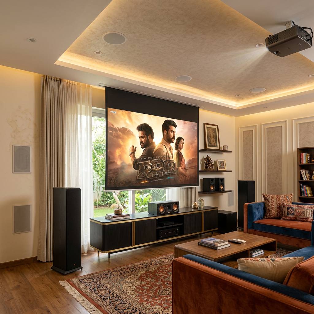 Floor standing tower speakers and in-wall speakers installed
