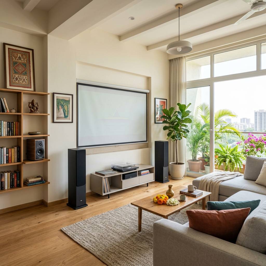 Motorized projector screen installation in living room